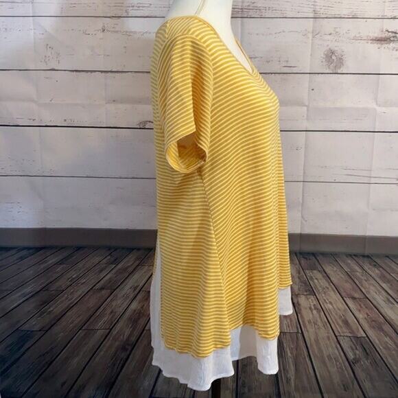 Bobeau Top Tee Shirt Womens Large Yellow Striped Ruffle Soft Button Back Peasant - Picture 7 of 13